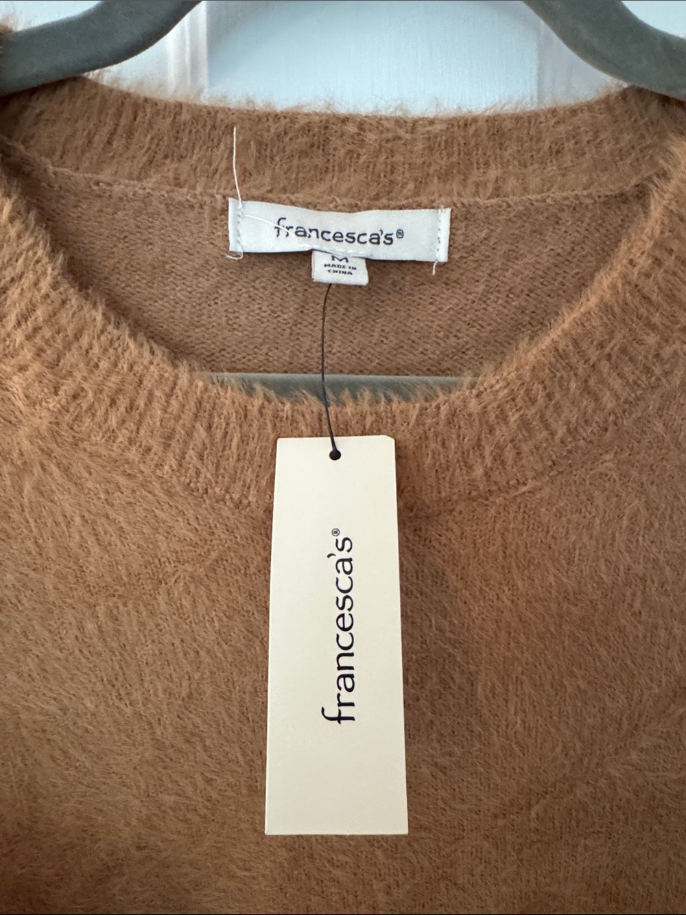 Francesca's Collections Camel Brown Fuzzy Ruffle Sleeve Crewneck Sweater - Picture 3 of 3